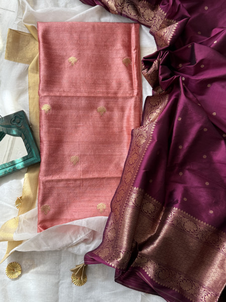 PEACH-WINE ZARI WOVEN BANARSI SILK SHIRT-dupatta Set