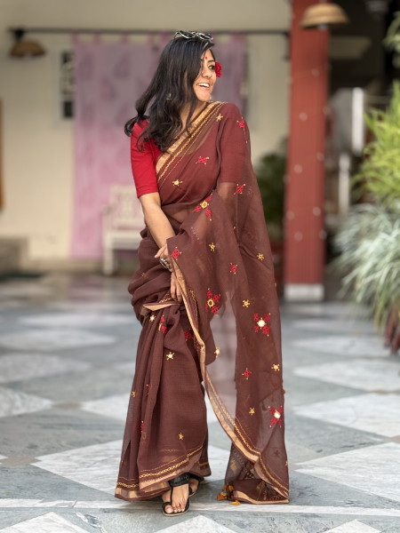 BROWN KOTA COTTON HAND EMBROIDERED SARI