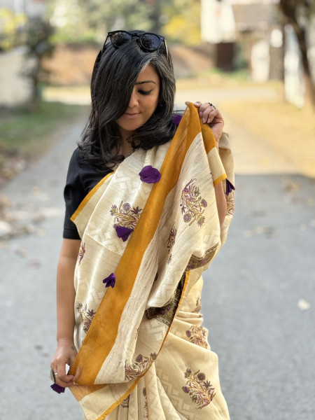 OFF WHITE-PURPLE  HAND BLOCK PRINT HANDLOOM SILK SARI