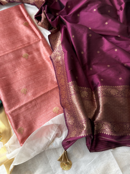 PEACH-WINE ZARI WOVEN BANARSI SILK SHIRT-dupatta Set