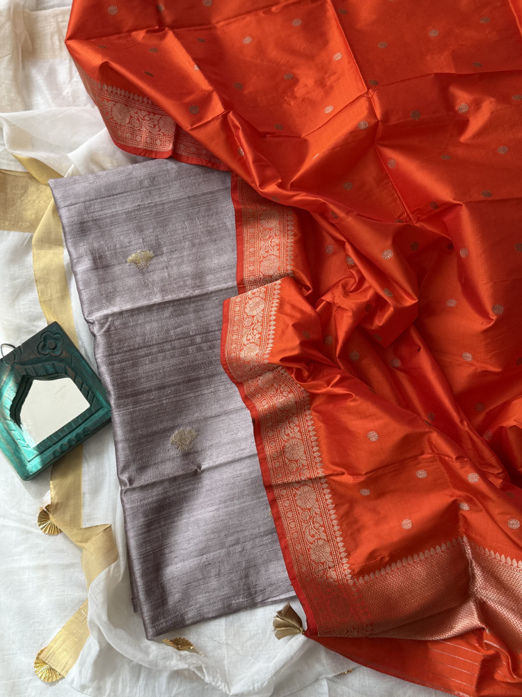 Image of GREY-ORANGE ZARI WOVEN BANARSI SILK SHIRT-dupatta Set