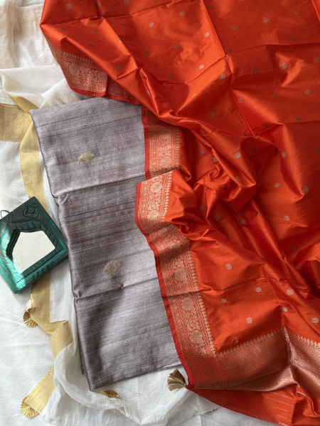 GREY-ORANGE ZARI WOVEN BANARSI SILK SHIRT-dupatta Set