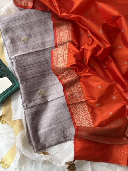 GREY-ORANGE ZARI WOVEN BANARSI SILK SHIRT-dupatta Set