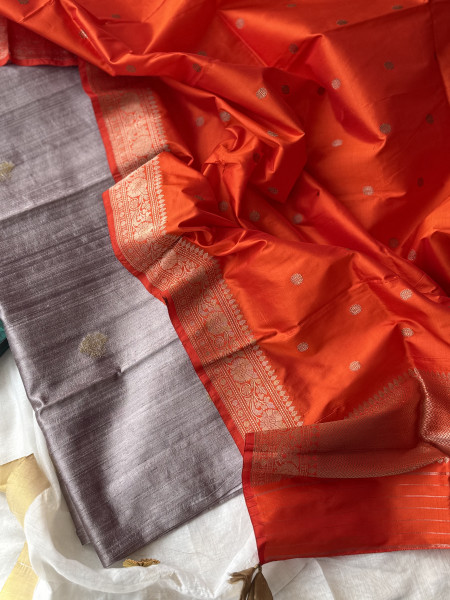 GREY-ORANGE ZARI WOVEN BANARSI SILK SHIRT-dupatta Set