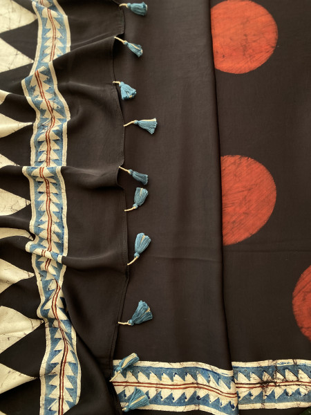 BLACK-MAROON MODAL SILK AJRAKH BLOCK PRINT SARI