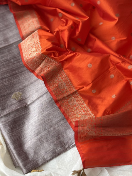GREY-ORANGE ZARI WOVEN BANARSI SILK SHIRT-dupatta Set