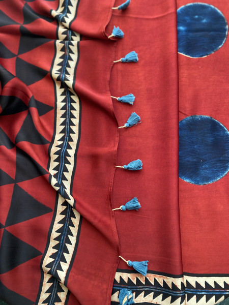 MAROON-INDIGO MODAL SILK AJRAKH BLOCK PRINT SARI