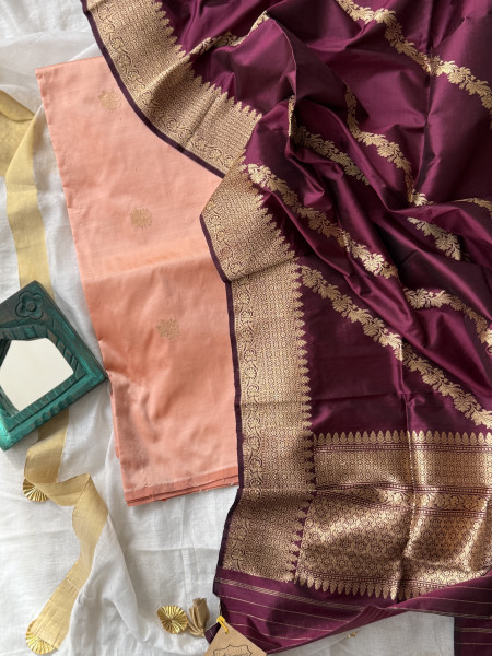 PEACH-WINE ZARI WOVEN BANARSI SILK SHIRT-dupatta Set