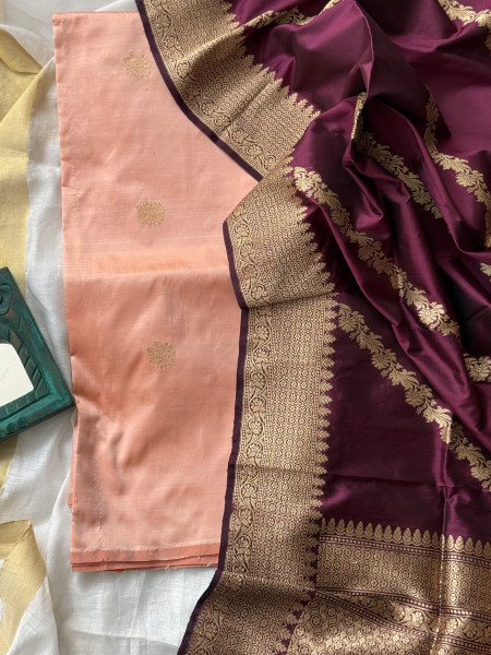 PEACH-WINE ZARI WOVEN BANARSI SILK SHIRT-dupatta Set