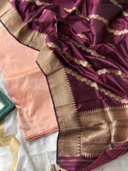 PEACH-WINE ZARI WOVEN BANARSI SILK SHIRT-dupatta Set
