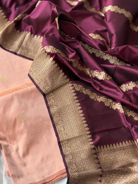 PEACH-WINE ZARI WOVEN BANARSI SILK SHIRT-dupatta Set