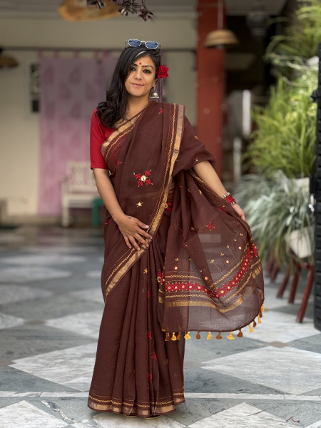 BROWN KOTA COTTON HAND EMBROIDERED SARI