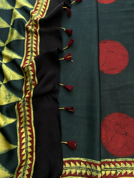 BOTTLE GREEN-MAROON MODAL SILK AJRAKH BLOCK PRINT SARI