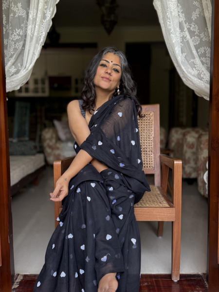 BLACK COTTON MULMUL EMBROIDERED SARI