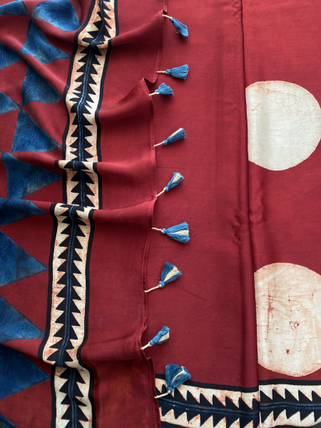 MAROON-OFF WHITE MODAL SILK AJRAKH BLOCK PRINT SARI