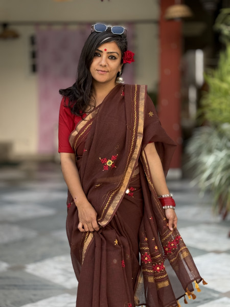 BROWN KOTA COTTON HAND EMBROIDERED SARI