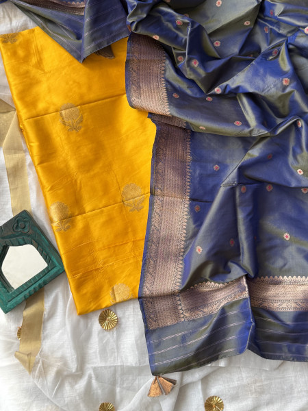 YELLOW-GREYISH BLUE ZARI WOVEN BANARSI SILK SHIRT-dupatta Set