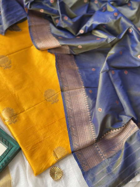 YELLOW-GREYISH BLUE ZARI WOVEN BANARSI SILK SHIRT-dupatta Set