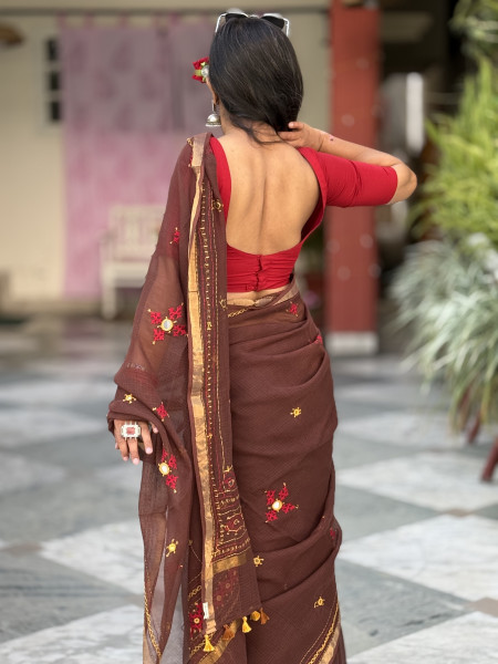 BROWN KOTA COTTON HAND EMBROIDERED SARI