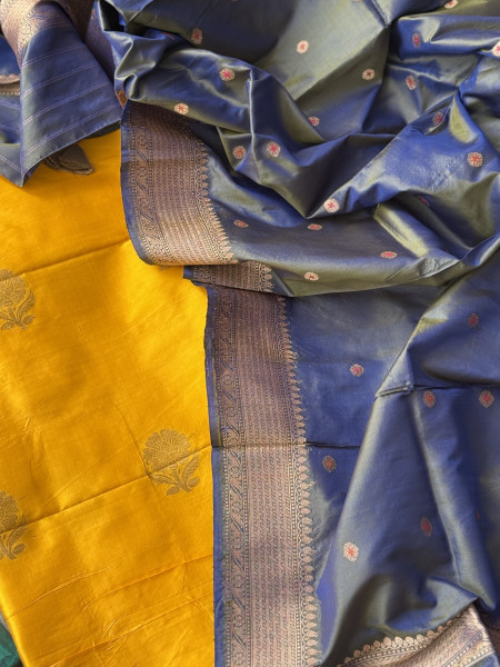 YELLOW-GREYISH BLUE ZARI WOVEN BANARSI SILK SHIRT-dupatta Set
