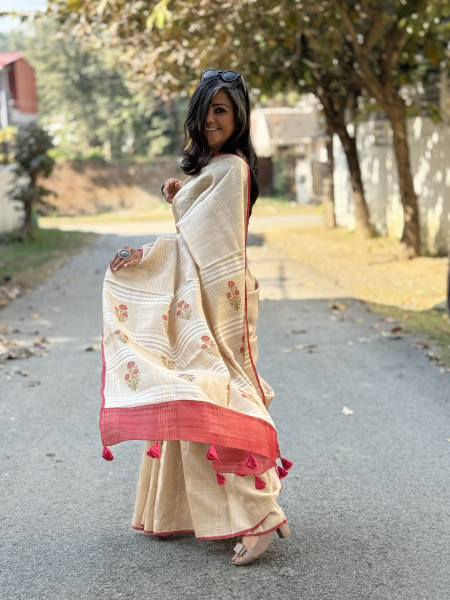 BEIGE-RED HAND BLOCK PRINT TUSSAR SILK SARI