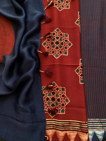 INDIGO-MAROON MODAL SILK AJRAKH BLOCK PRINT SARI
