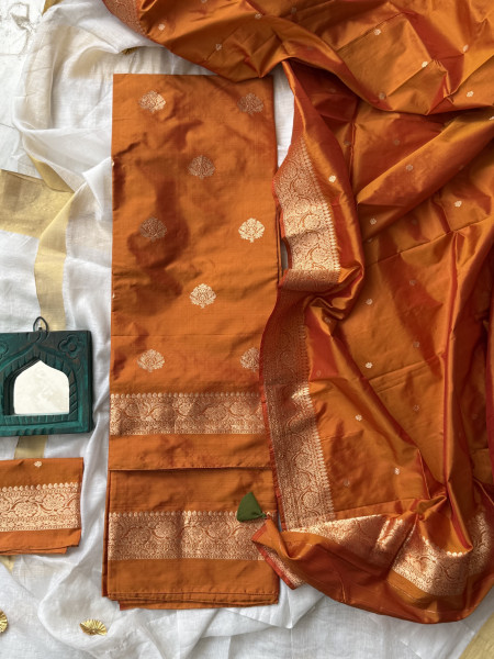 BURNT ORANGE ZARI WOVEN BANARSI SILK SUIT SET