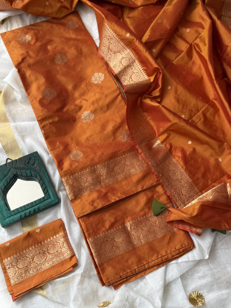 BURNT ORANGE ZARI WOVEN BANARSI SILK SUIT SET