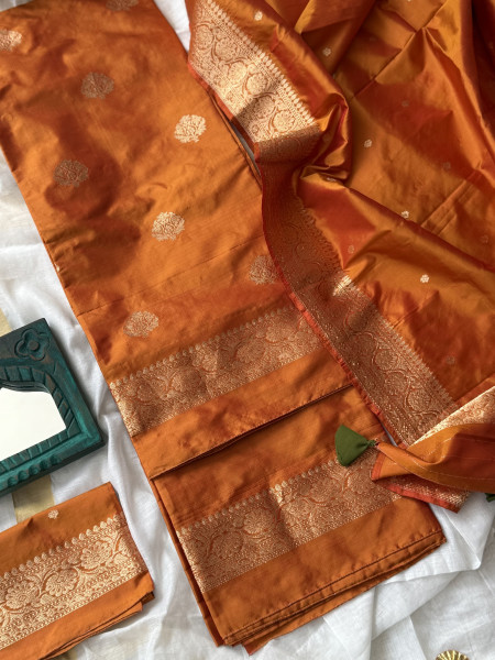 BURNT ORANGE ZARI WOVEN BANARSI SILK SUIT SET