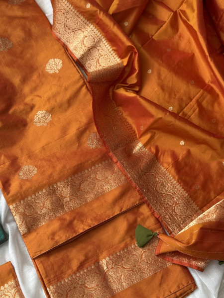 BURNT ORANGE ZARI WOVEN BANARSI SILK SUIT SET