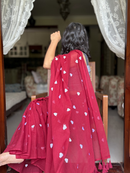 MAROON COTTON MULMUL EMBROIDERED SARI