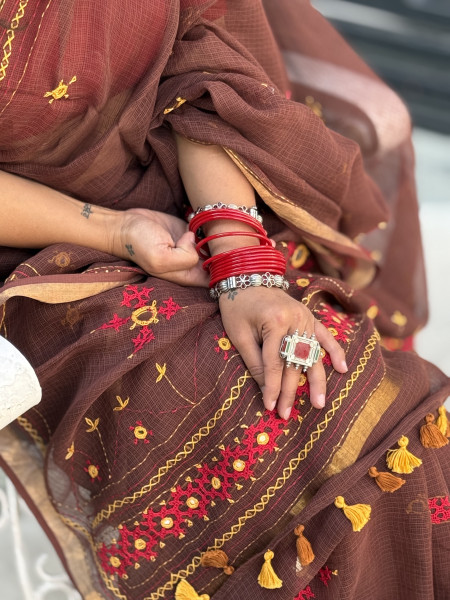 BROWN KOTA COTTON HAND EMBROIDERED SARI