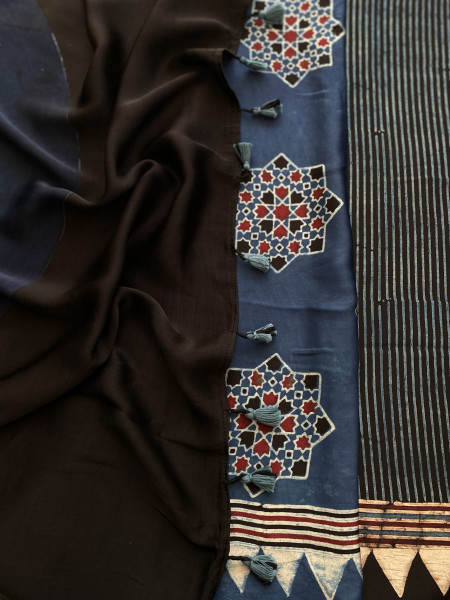 BLACK-INDIGO MODAL SILK AJRAKH BLOCK PRINT SARI