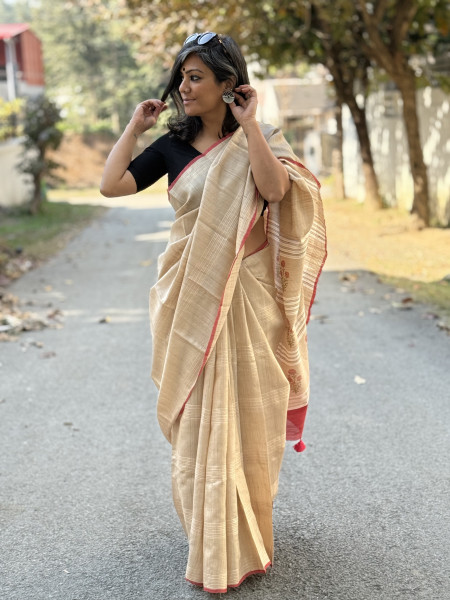 BEIGE-RED HAND BLOCK PRINT TUSSAR SILK SARI