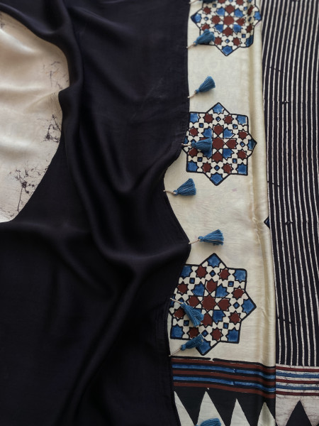 BLACK-OFF WHITE MODAL SILK AJRAKH BLOCK PRINT SARI
