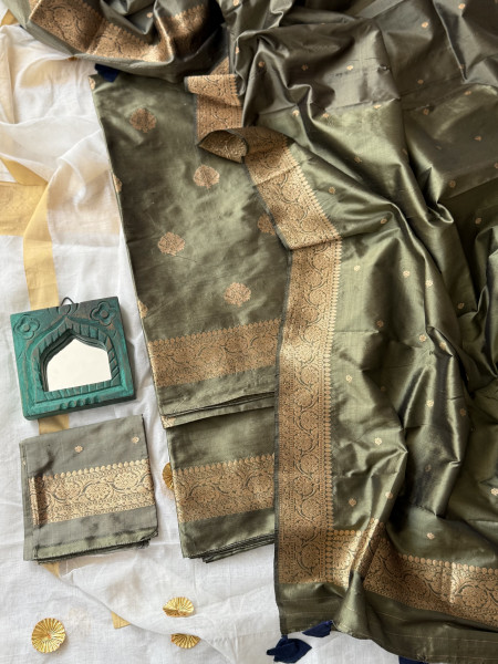 MOSS GREEN ZARI WOVEN BANARSI SILK SUIT SET
