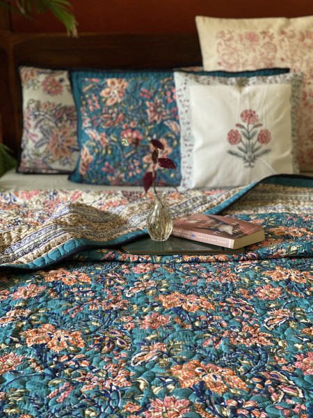 BLUE Cotton HAND Block Print Double AC Quilt