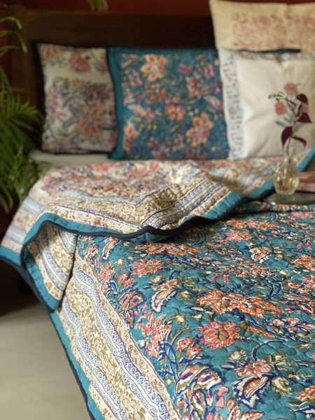 BLUE Cotton HAND Block Print Double AC Quilt