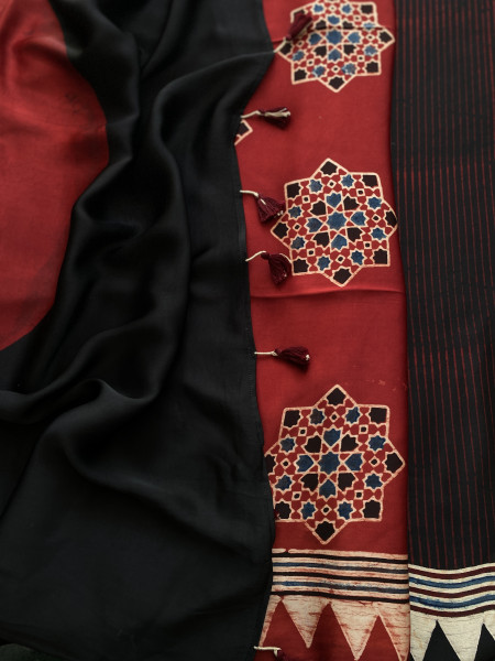BLACK-MAROON MODAL SILK AJRAKH BLOCK PRINT SARI
