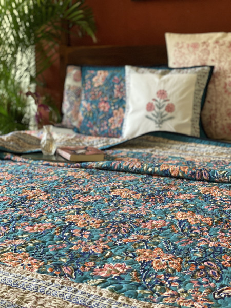 BLUE Cotton HAND Block Print Double AC Quilt