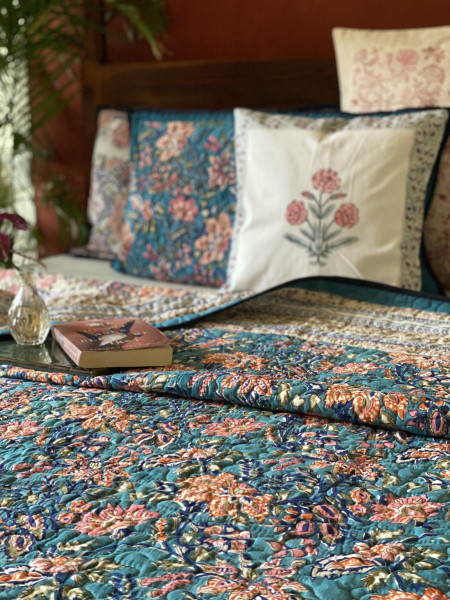 BLUE Cotton HAND Block Print Double AC Quilt