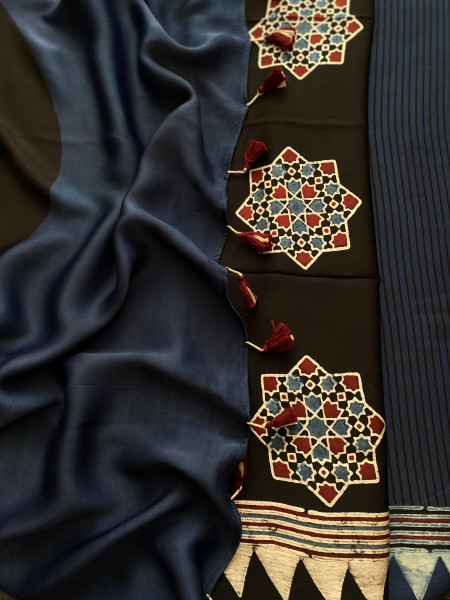 INDIGO-BLACK MODAL SILK AJRAKH BLOCK PRINT SARI