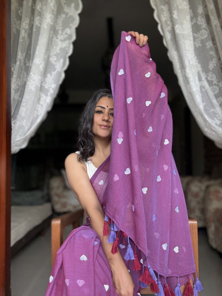 MAUVE COTTON MULMUL EMBROIDERED SARI