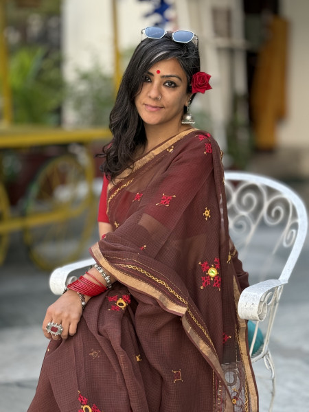 BROWN KOTA COTTON HAND EMBROIDERED SARI