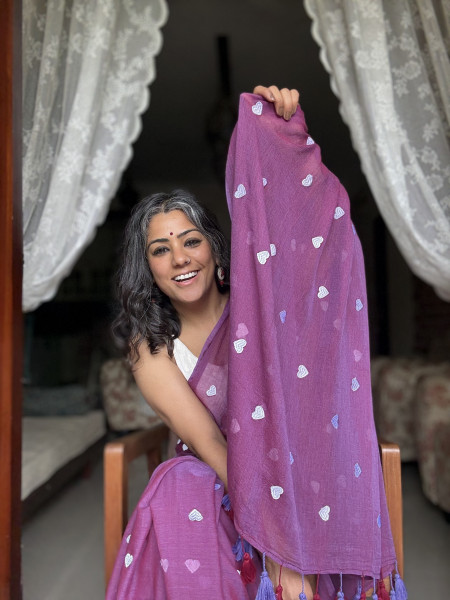 MAUVE COTTON MULMUL EMBROIDERED SARI