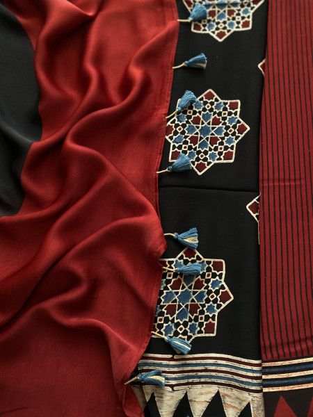 MAROON-BLACK MODAL SILK AJRAKH BLOCK PRINT SARI