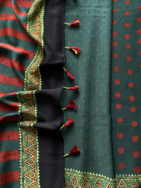 BOTTLE GREEN-MAROON MODAL SILK AJRAKH BLOCK PRINT SARI