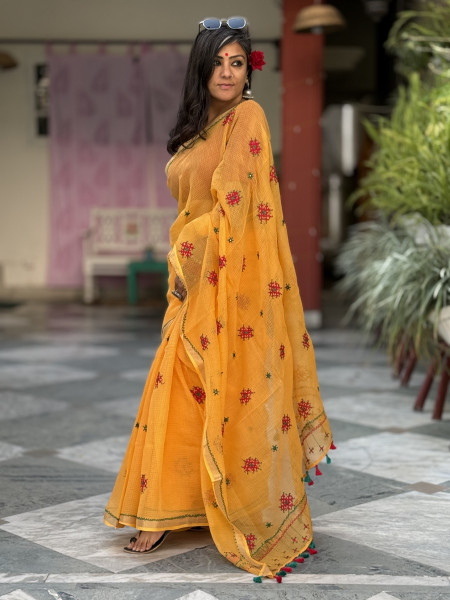 YELLOW  KOTA COTTON HAND EMBROIDERED SARI
