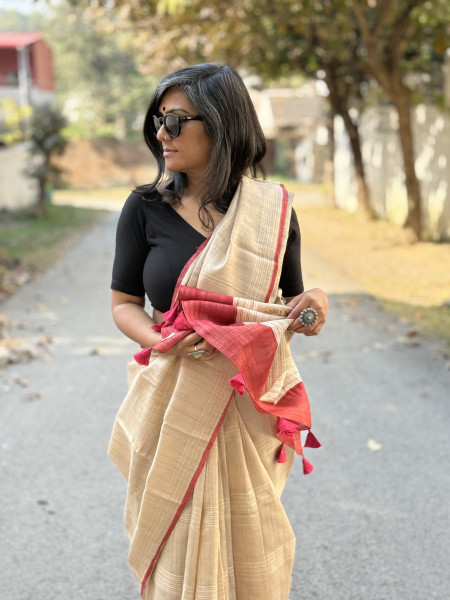 BEIGE-RED HAND BLOCK PRINT TUSSAR SILK SARI