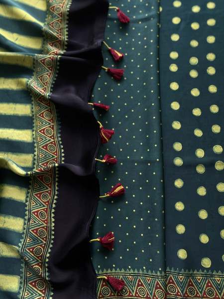BOTTLE GREEN-YELLOW MODAL SILK AJRAKH BLOCK PRINT SARI